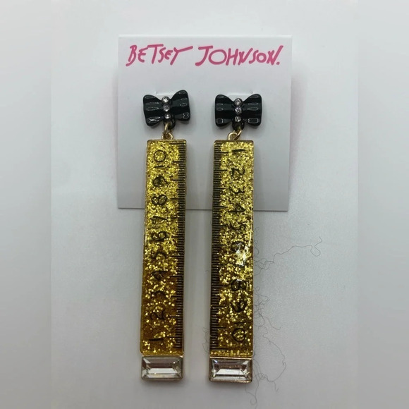 BETSEY JOHNSON Ruler Yardstick Glitter Earrings Teacher Back to School NEW NWT - Picture 2 of 4